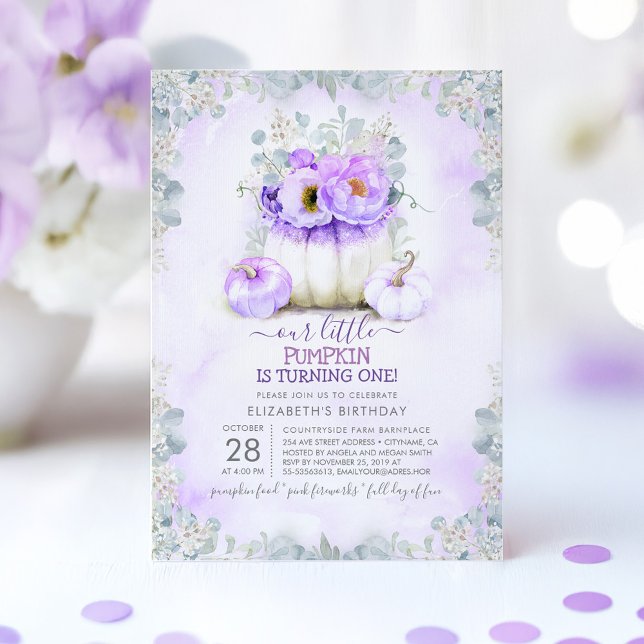 Purple Gold Glitter Little Pumpkin Fall Birthday Invitation (Purple Pumpkins Kids Birthday Invitation)