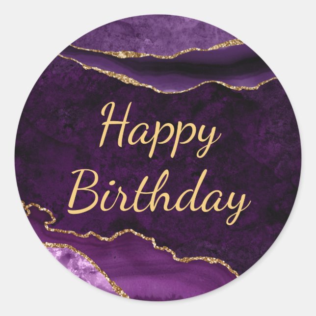 Purple & Gold Glitter Marble Agate Birthday Classic Round Sticker (Front)