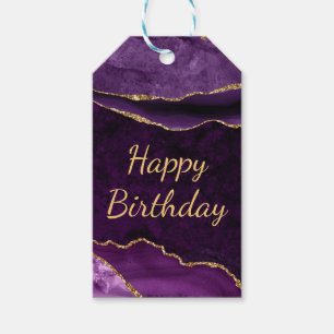 Purple & Gold Glitter Marble Agate Happy Birthday Gift Tags