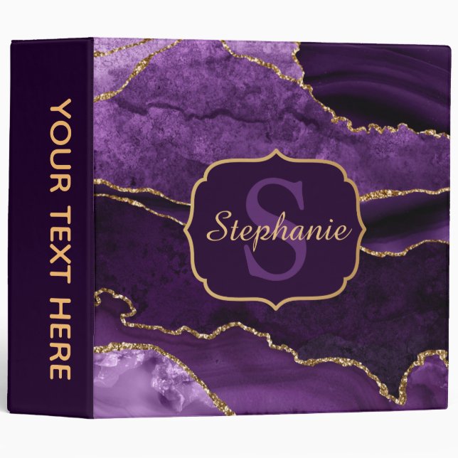 Purple & Gold Glitter Marble Agate Monogram Binder (Front/Spine)