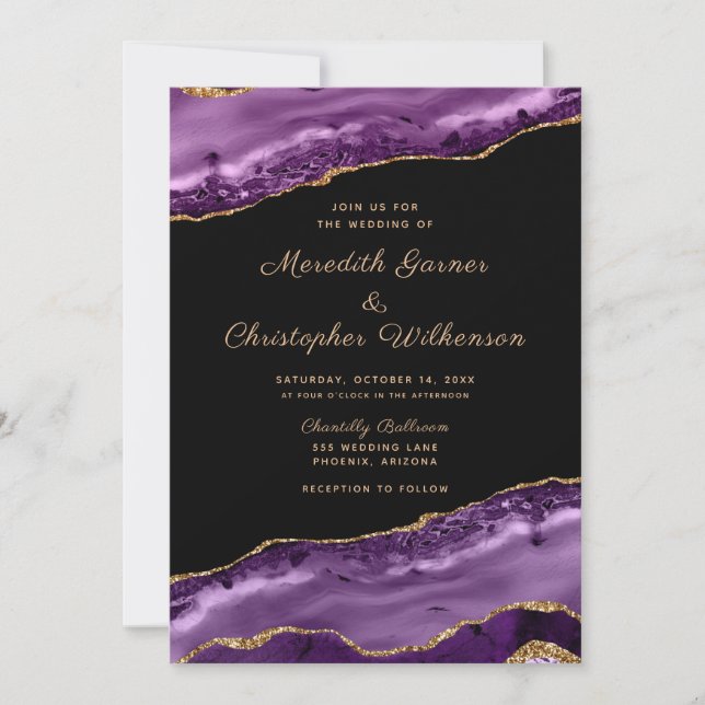 Purple Gold Glitter Marble Agate Wedding Invitation (Front)