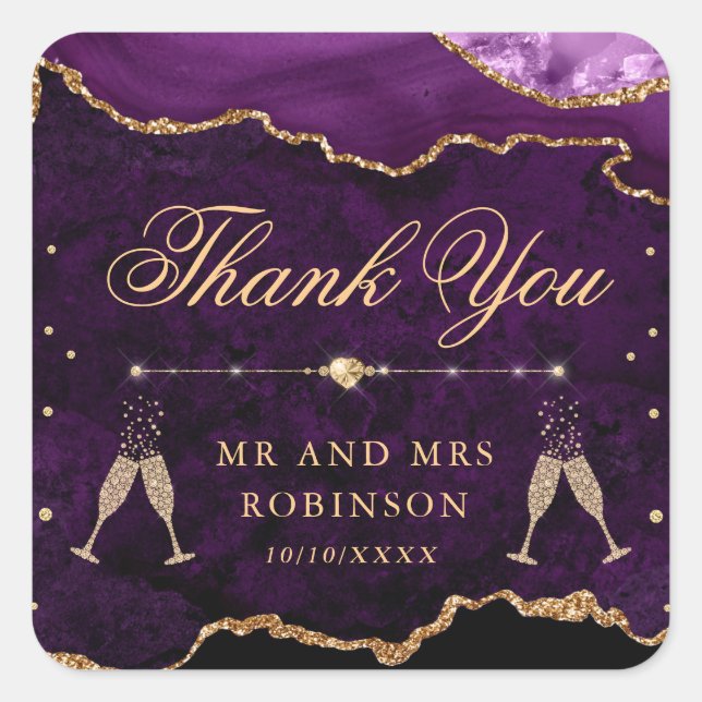Purple & Gold Glitter Marble Agate Wedding Square Sticker (Front)