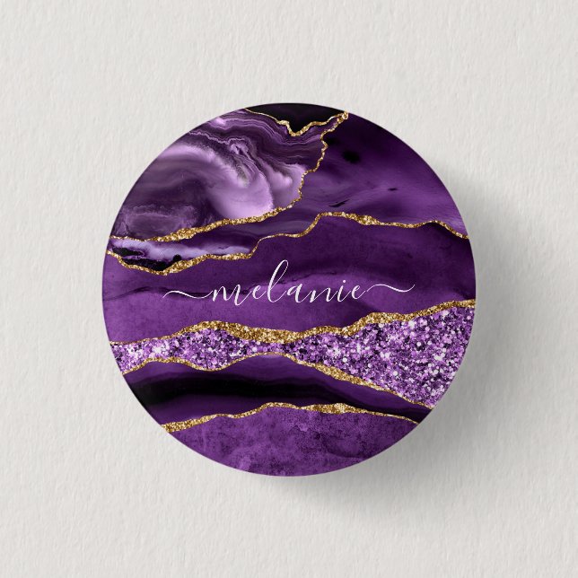 Purple Gold Glitter Marble Button with Custom Name (Front)
