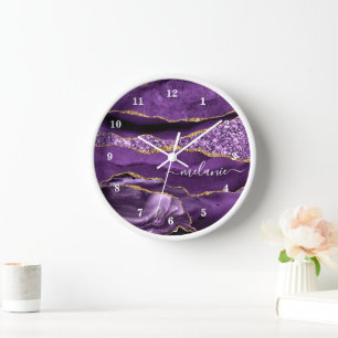 Purple Gold Glitter Marble Clock with Custom Name