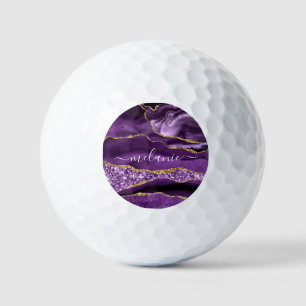 Purple Gold Glitter Marble Custom Name Golf Balls