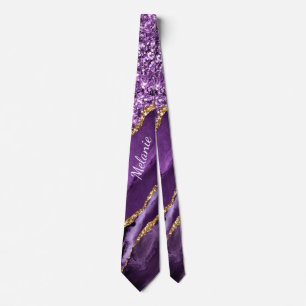 Purple Gold Glitter Marble Custom Name Neck Tie