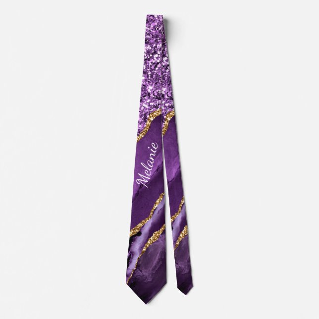Purple Gold Glitter Marble Custom Name Neck Tie (Front)
