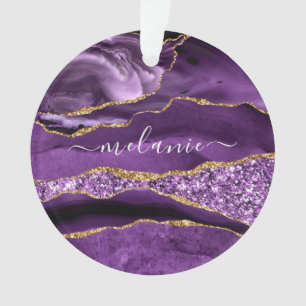Purple Gold Glitter Marble Custom Name Ornament