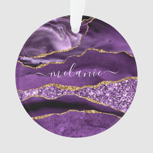 Purple Gold Glitter Marble Custom Name Ornament (Front)