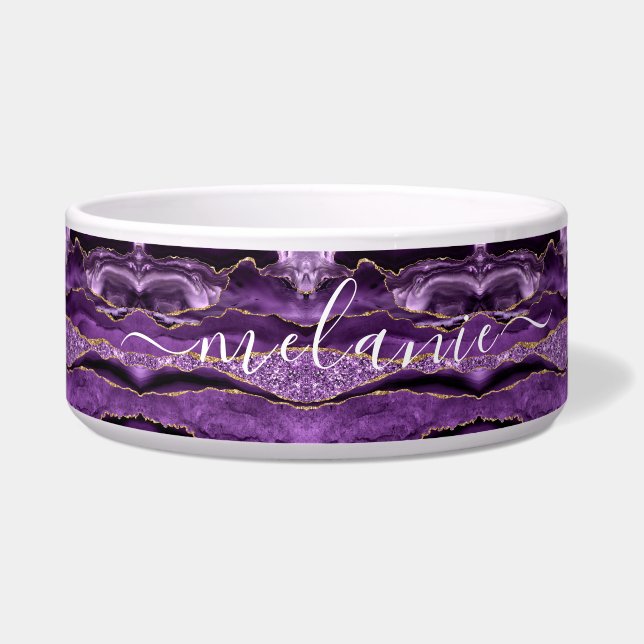 Purple Gold Glitter Marble Custom Name Pet Bowl (Front)