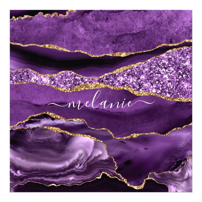 Purple Gold Glitter Marble Custom Name Photo Print (Front)
