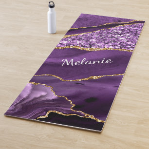 Purple Gold Glitter Marble Custom Name Yoga Mat