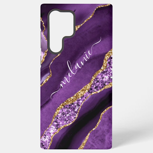 Purple Gold Glitter Marble Gift with Custom Name Samsung Galaxy S22 Ultra Case (Back)