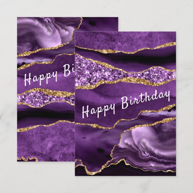 Purple Gold Glitter Marble Happy Birthday Card (Front/Back)