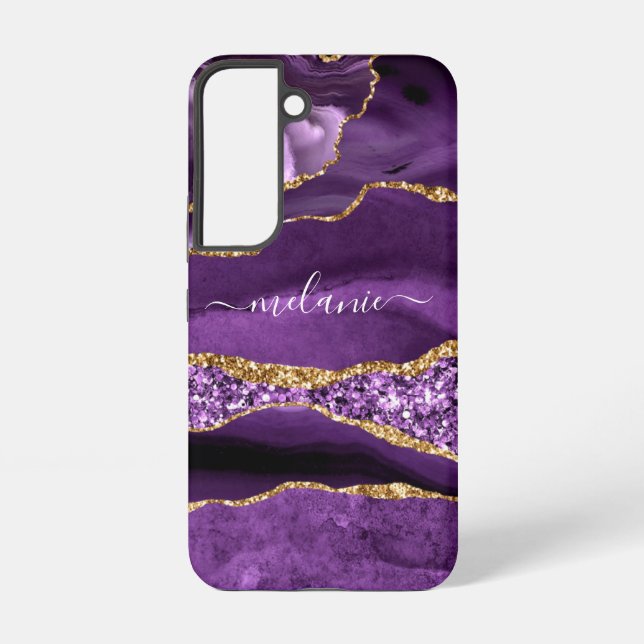 Purple Gold Glitter Marble Your Name Personalized Samsung Galaxy S22 Case (Back)