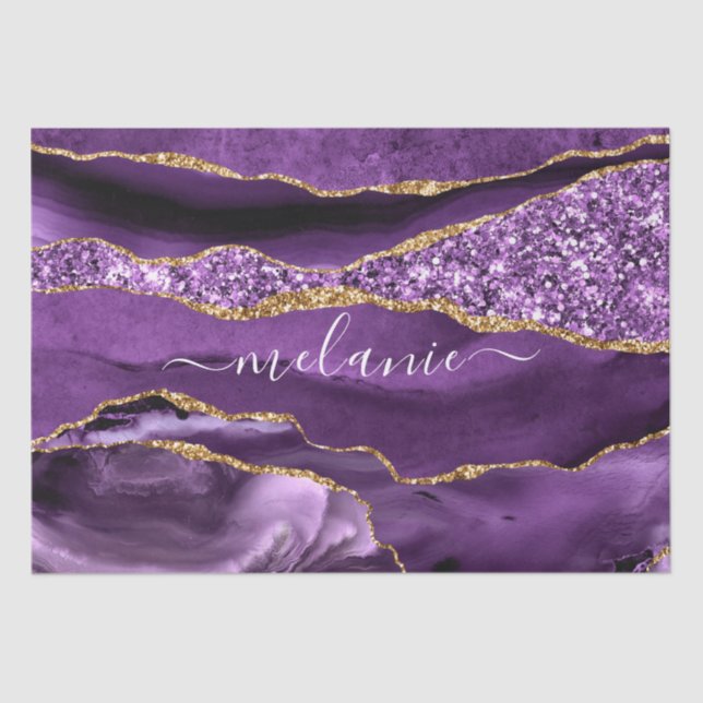 Purple Gold Glitter Marble Your Name Tissue Paper (Front)