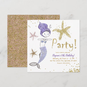 Purple & Gold Glitter Mermaid Birthday Party Invitation