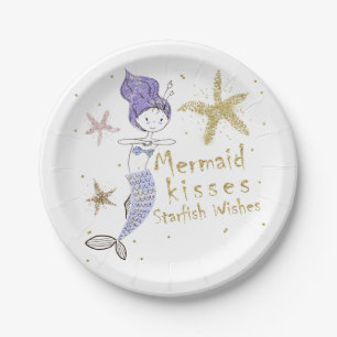 Purple & Gold Glitter Mermaid Birthday Party Paper Plate