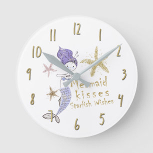 Purple Gold Glitter Mermaid Wishes Starfish Kisses Round Clock