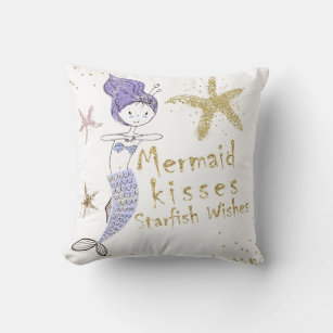 Purple Gold Glitter Mermaid Wishes Starfish Kisses Throw Pillow