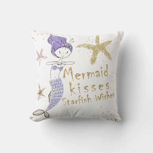 Purple Gold Glitter Mermaid Wishes Starfish Kisses Throw Pillow (Front)