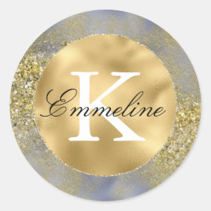 Purple Gold Glitter Monogram Classic Round Sticker
