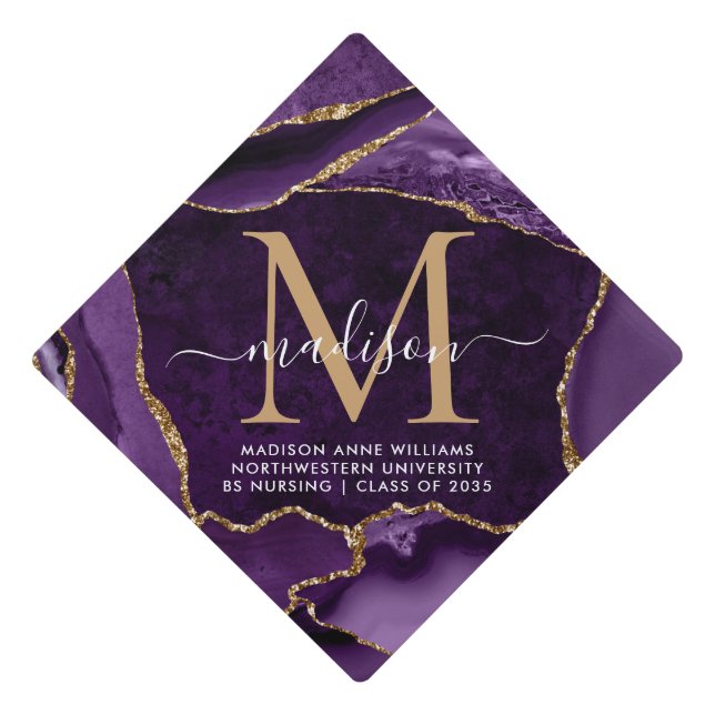 Purple Gold Glitter Monogram Marble Agate Grad Graduation Cap Topper (Front)