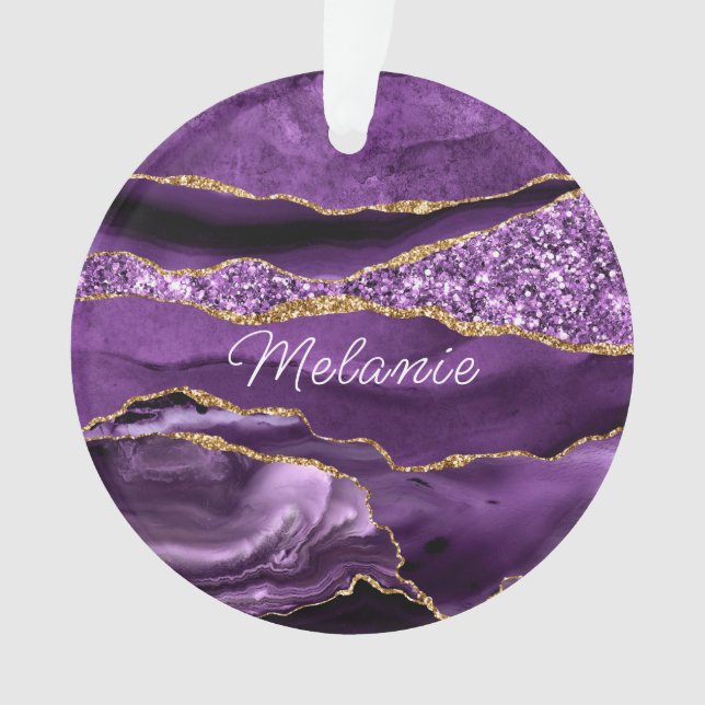 Purple Gold Glitter Ornament Personalized Name (Front)