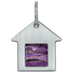 Purple Gold Glitter Pet ID Tag with Custom Name