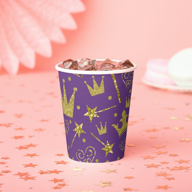 Purple & Gold Glitter Sparkle Princess Birthday Paper Cups (Insitu)