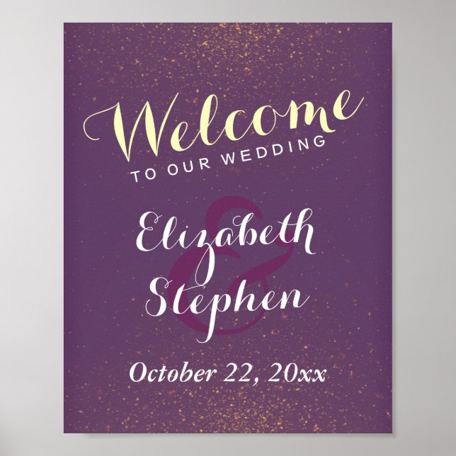 Purple Gold & Glitter Sparkle Wedding Sign Poster (Front)