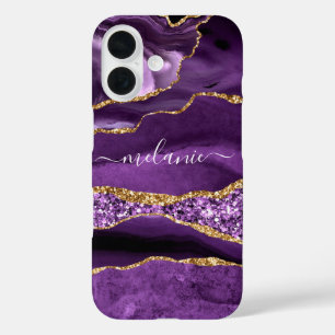 Purple Gold Glitter Sparkly Marble Custom Name iPhone 16 Case