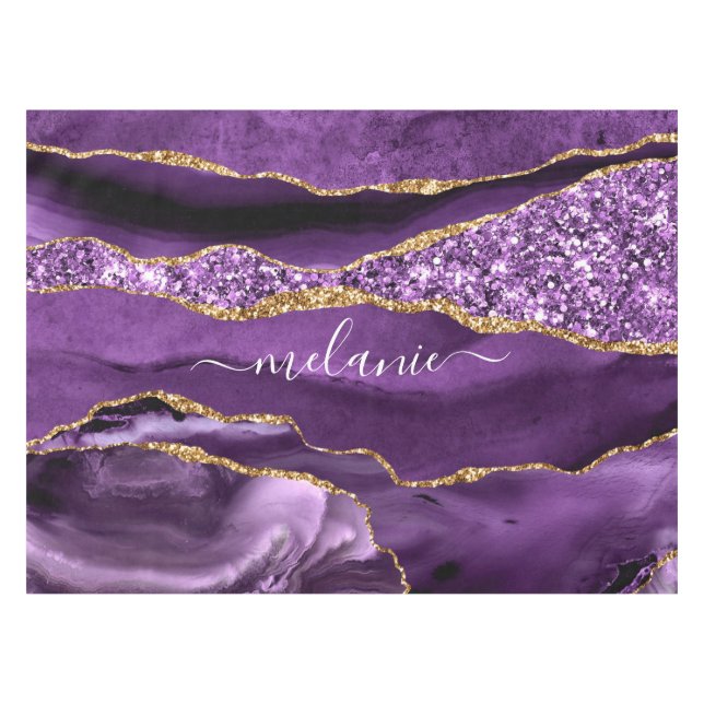 Purple Gold Glitter Tablecloth with Custom Name (Front (Horizontal))