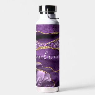 Purple Gold Glitter Water Bottle with Custom Name