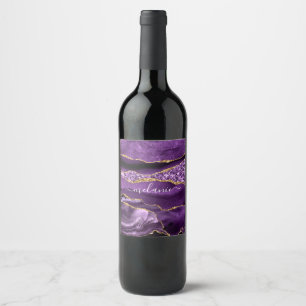 Purple Gold Glitter Wine Bottle Label Custom Name