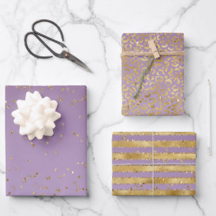 Purple Gold Glitz Sparkle Stripes Leopard      Wrapping Paper Sheet