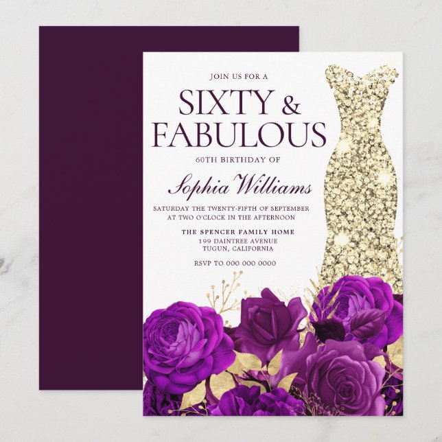 Purple & Gold Gown 60th Birthday Party Invitation (Front/Back)
