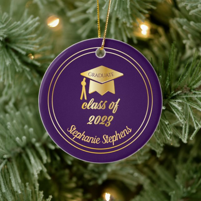 Purple Gold Graduate Cap Graduation 2023 Photo  Ceramic Ornament (Tree)