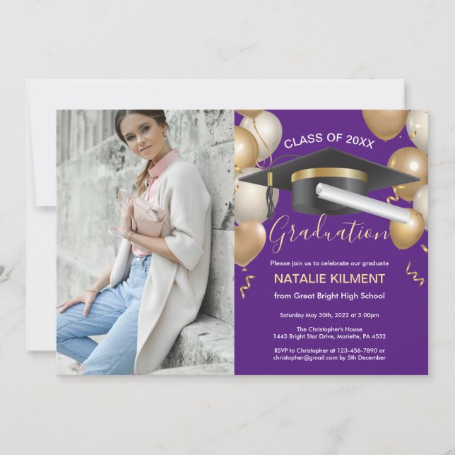 Purple & Gold Graduate Cap Graduation Party Photo Invitation (Front)