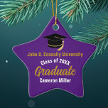 Purple Gold Graduate Custom 2025 Graduation Star Ceramic Ornament<br><div class="desc">This modern purple and gold custom graduation star Christmas ornament features classy typography of your university or college name for the class of 2025. Customize with your graduating year under the chic handwritten script and black grad cap for a great personalized graduate gift</div>