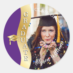 Purple Gold Graduate Wave Grad Cap Photo Classic Round Sticker