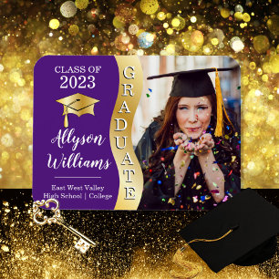 Purple   Gold Graduate Wave Grad Cap Photo  Magnet