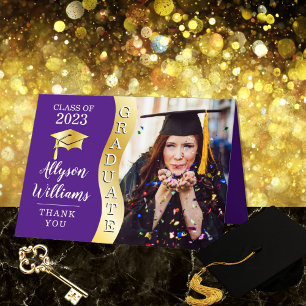 Purple   Gold Graduate Wave Grad Cap Photo Thank You Card
