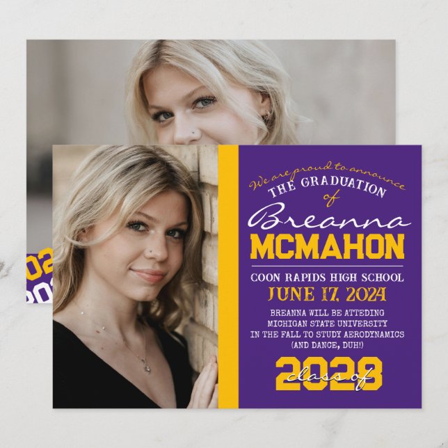 Purple & Gold Graduation 2 Photo Announcement (Front/Back)