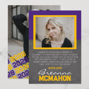 Purple & Gold Graduation 2 Photo Thank You Card