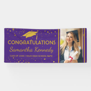 Purple Gold Graduation Confetti Grad Cap Photo Banner