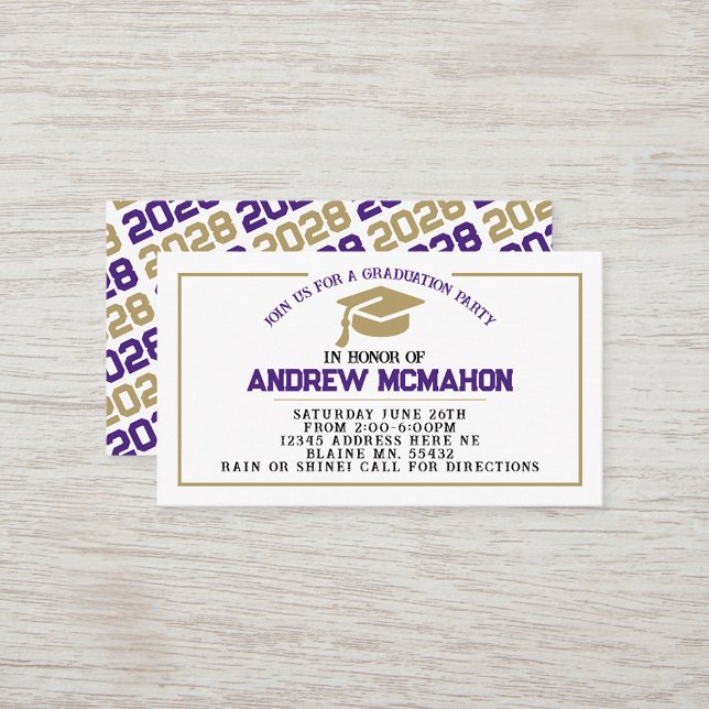 Purple Gold Graduation Invite Announcement Insert (Purple, White & Bronze Gold Mini Graduation Invites for Friends, Team Mates or as Inserts!)