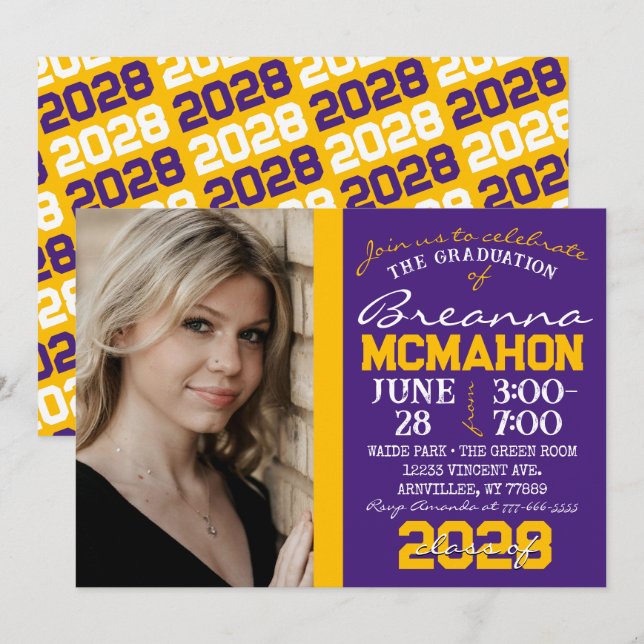 Purple & Gold Graduation Photo Invitation (Front/Back)