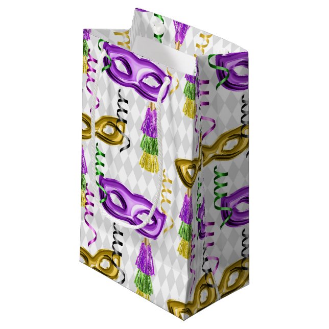 PURPLE GOLD GREEN MARDI GRAS MASKS SMALL GIFT BAG (Front Angled)