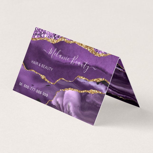 Purple Gold Hair Beauty Business Card Template (Front)
